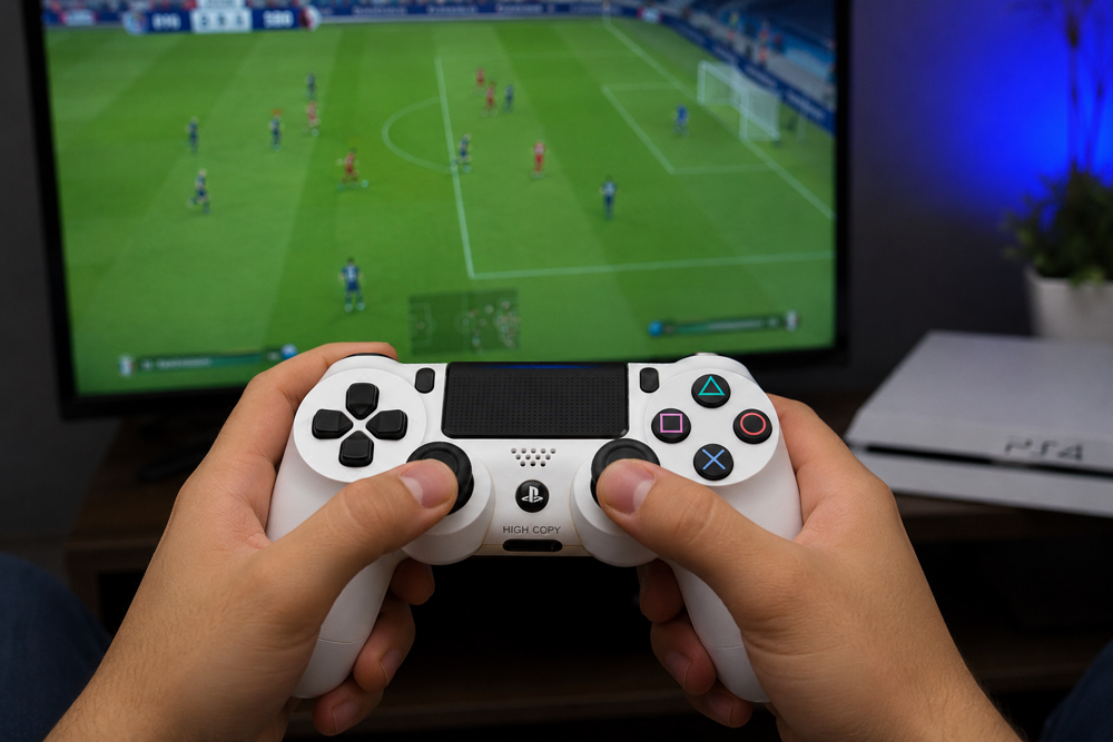 دسته بازی PS4 سرمه‌ای طرح PES روی میز گیمینگ با مسابقات فوتبال و طراحی اسپرت حال‌وهوای.